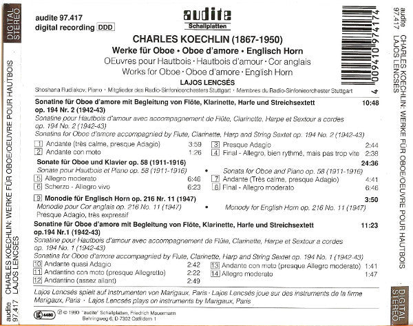 Charles Koechlin - Lajos Lencsés, Shoshana Rudiakov, Membres • Mitglieder Radio-Sinfonieorchester Stuttgart* : Œuvres Pour Hautbois, Hautbois D'Amour, Cor Anglais = Werke Für Oboe, Oboe d'Amore, Englisch Horn (CD, Album)
