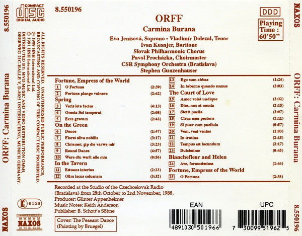 Carl Orff, Eva Jenisová • Vladimír Doležal • Ivan Kusnjer, Slovak Philharmonic Chorus, Slovak Radio Symphony Orchestra, Stephen Gunzenhauser : Carmina Burana (CD, Album)
