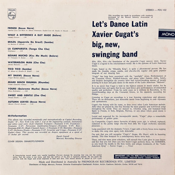 Xavier Cugat's Big, New Swinging Band : Let's Dance Latin (LP, Album, Mono)