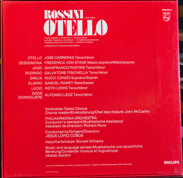 Rossini*  -  José Carreras - Frederica Von Stade - Salvatore Fisichella - Samuel Ramey - Gianfranco Pastine - Nucci Condò - Philharmonia Orchestra - Jesús López Cobos* : Otello (3xLP, Album + Box)