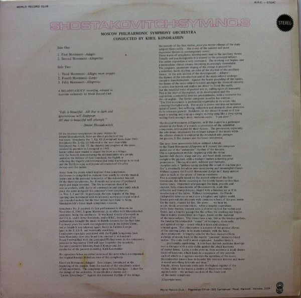 Dmitri Shostakovich, Moscow Philharmonic Orchestra, Kiril Kondrashin : Symphony No. 8 In C Minor, Op. 65 (LP, Album, Club)