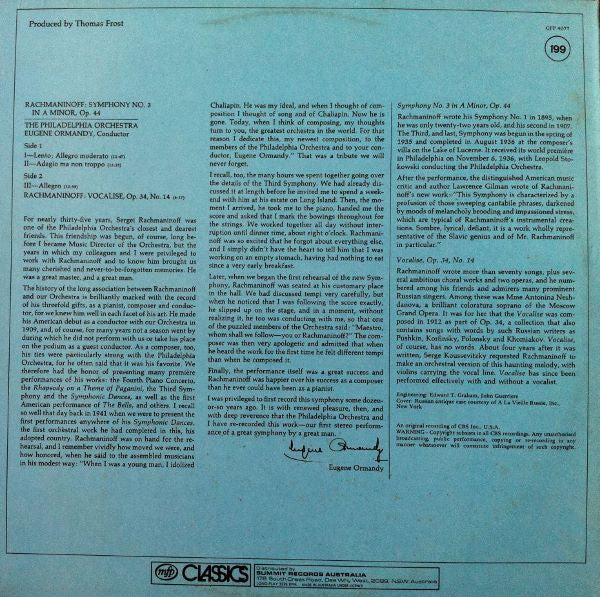 Rachmaninoff*, Ormandy*, The Philadelphia Orchestra : Symphony No. 3 and Vocalise (LP)
