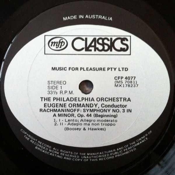 Rachmaninoff*, Ormandy*, The Philadelphia Orchestra : Symphony No. 3 and Vocalise (LP)