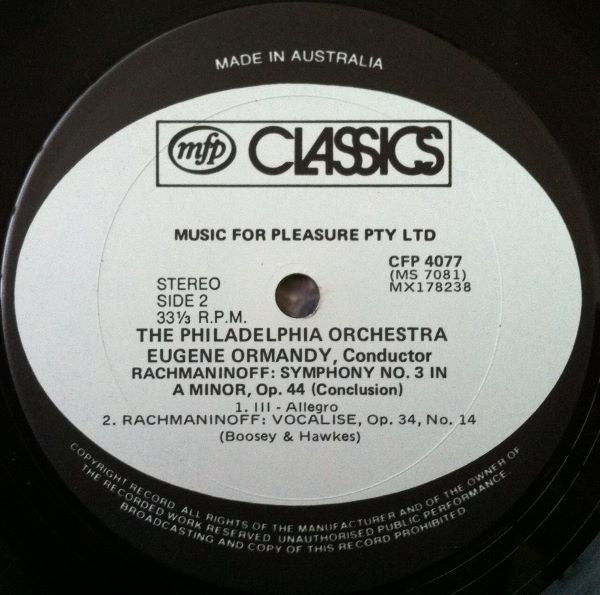 Rachmaninoff*, Ormandy*, The Philadelphia Orchestra : Symphony No. 3 and Vocalise (LP)