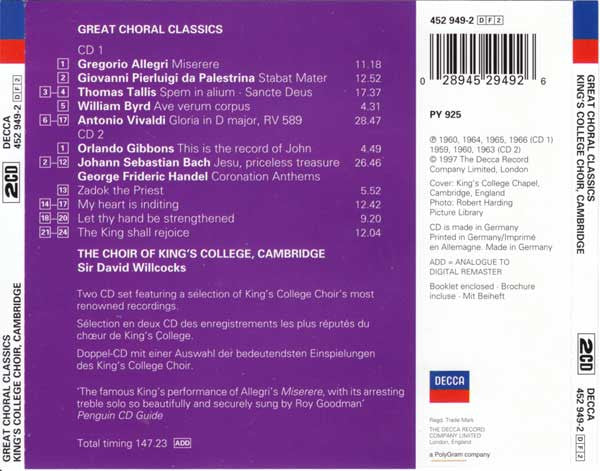 King's College Choir, Cambridge* : Great Choral Classics (2xCD, Comp)