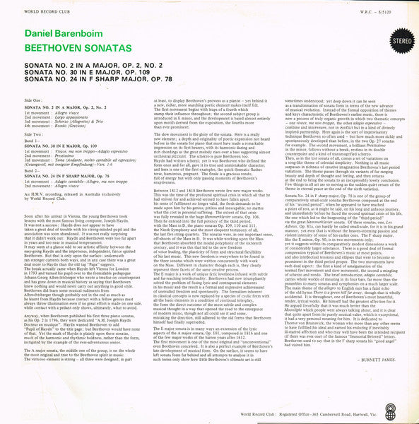 Beethoven* - Daniel Barenboim : Piano Sonatas No. 2 In A, Op. 2 No. 2; No. 30 In E, Op. 109; No. 24, In F Sharp, Op. 78 (LP, Album, Club, 1st)