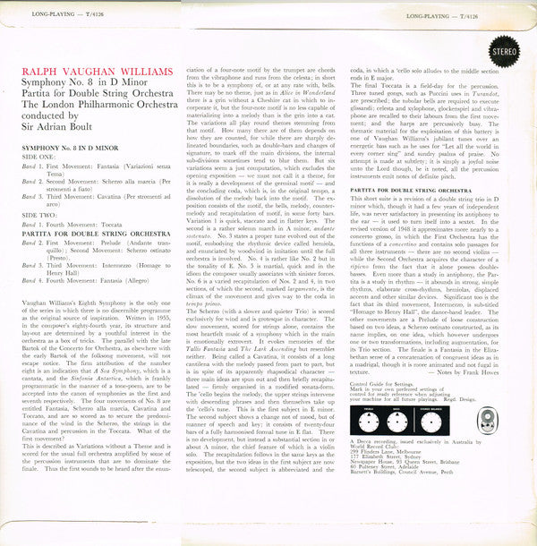 Ralph Vaughan Williams, Sir Adrian Boult Conducting London Philharmonic Orchestra : Symphony No. 8 In D Minor / Partita For Double String Orchestra (LP, Album, Club)