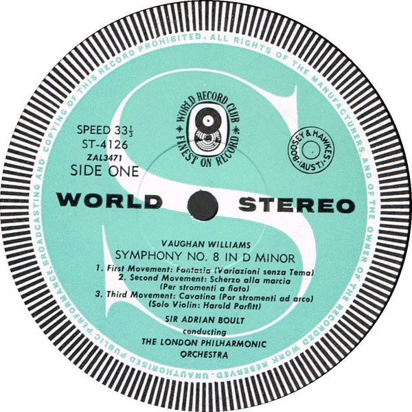 Ralph Vaughan Williams, Sir Adrian Boult Conducting London Philharmonic Orchestra : Symphony No. 8 In D Minor / Partita For Double String Orchestra (LP, Album, Club)