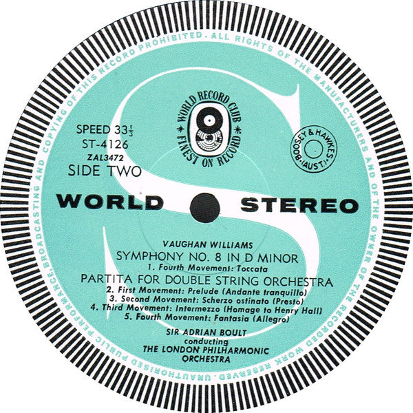 Ralph Vaughan Williams, Sir Adrian Boult Conducting London Philharmonic Orchestra : Symphony No. 8 In D Minor / Partita For Double String Orchestra (LP, Album, Club)
