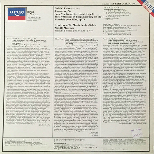 Gabriel Fauré, The Academy Of St. Martin-in-the-Fields ∙ Sir Neville Marriner : Pavane ∙ Pelléas Et Mélisande / Masques Et Bergamasques Suite ∙ Fantasie For Flute (LP)