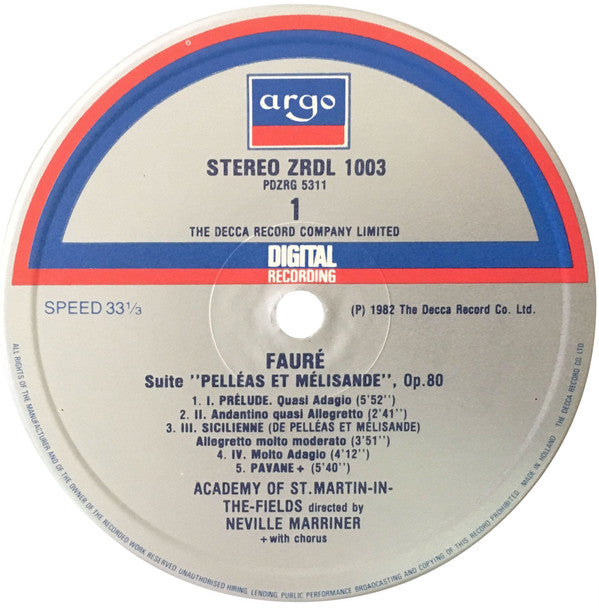 Gabriel Fauré, The Academy Of St. Martin-in-the-Fields ∙ Sir Neville Marriner : Pavane ∙ Pelléas Et Mélisande / Masques Et Bergamasques Suite ∙ Fantasie For Flute (LP)