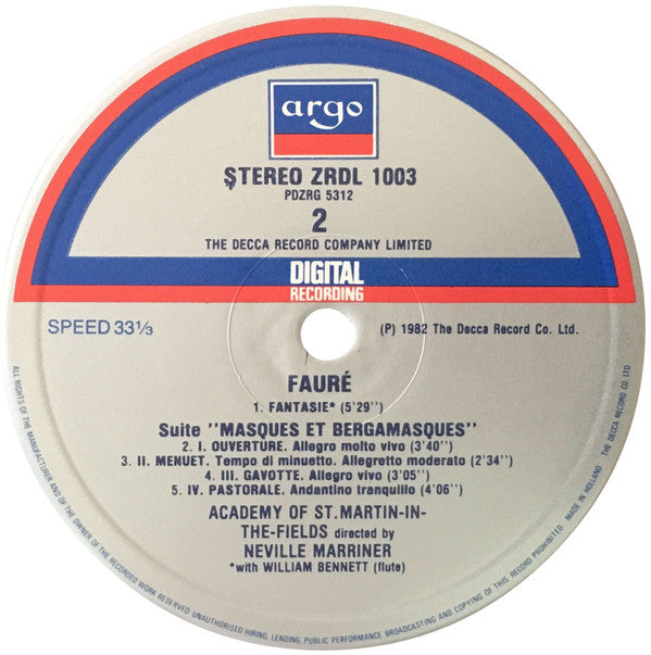 Gabriel Fauré, The Academy Of St. Martin-in-the-Fields ∙ Sir Neville Marriner : Pavane ∙ Pelléas Et Mélisande / Masques Et Bergamasques Suite ∙ Fantasie For Flute (LP)