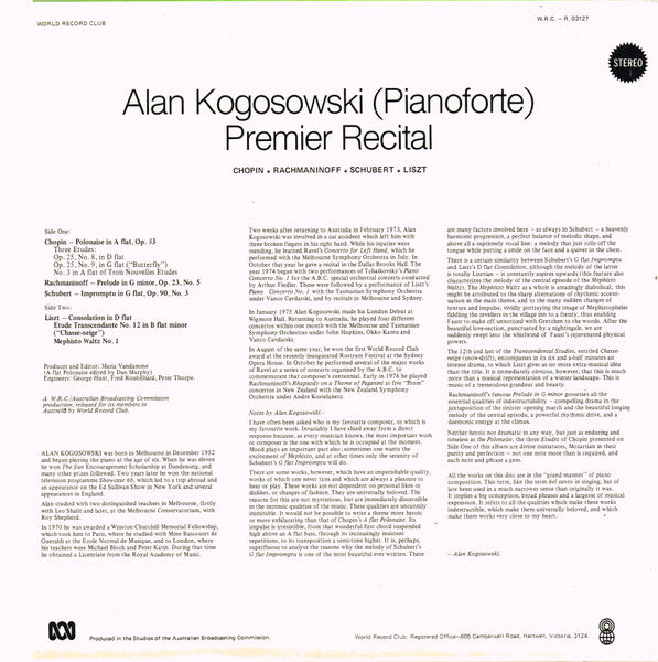 Alan Kogosowski : Premier Recital  (LP, Album, Club)