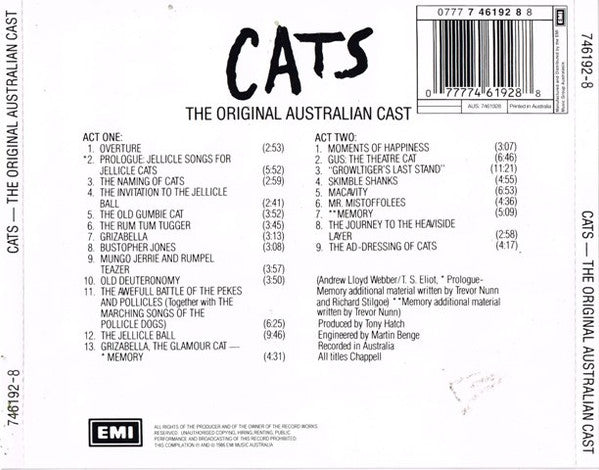 Andrew Lloyd Webber : Cats- The Original Australian Cast (2xCD, Album, Comp)