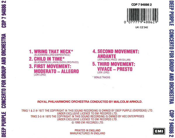 Deep Purple, Royal Philharmonic Orchestra Conducted By Malcolm Arnold : Concerto For Group And Orchestra (CD, Album, RE)
