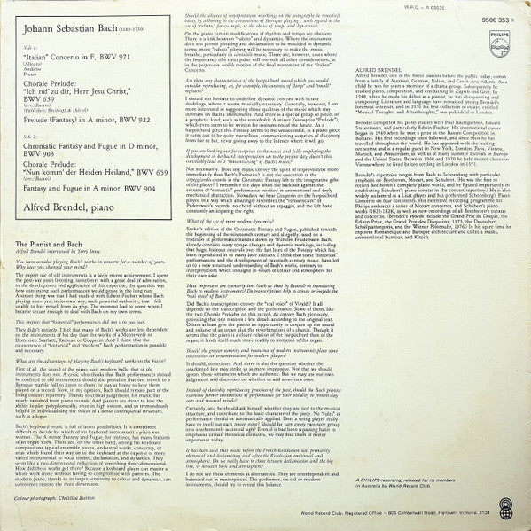 Bach* - Alfred Brendel : «Italian» Concerto BWV 971 / Chromatic Fantasy And Fugue BWV 903 (LP, Album, Club)