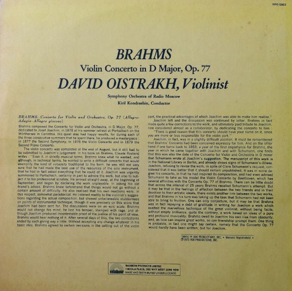 Brahms*, David Oistrakh*, Symphony Orchestra Of Radio Moscow*, Kondrashin* : Violin Concerto in D Major, Op. 77 (LP, Album, RE)