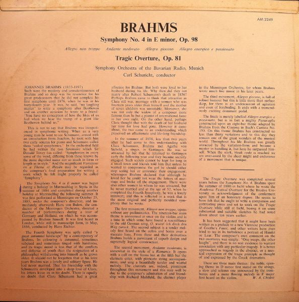Johannes Brahms - Symphonie-Orchester Des Bayerischen Rundfunks, Carl Schuricht : Symphony No. 4 & Tragic Overture (LP, Album)