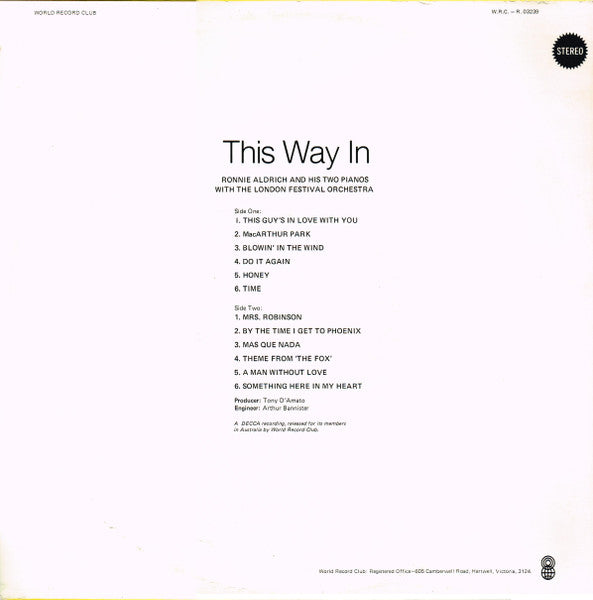 Ronnie Aldrich And His Two Pianos With The London Festival Orchestra : This Way 'In' (LP, Album, Club)