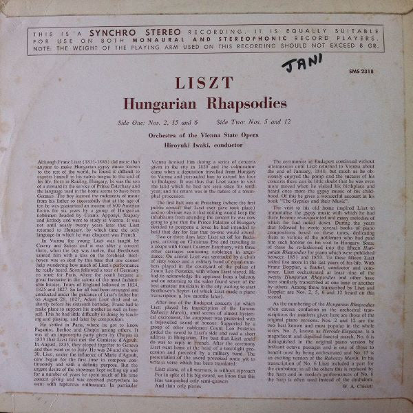 Liszt*, Orchestra Of The Vienne State Opera*, Iwaki* : Hungarian Rhapsodies No. 2-5-6-12-15 (LP, Album)