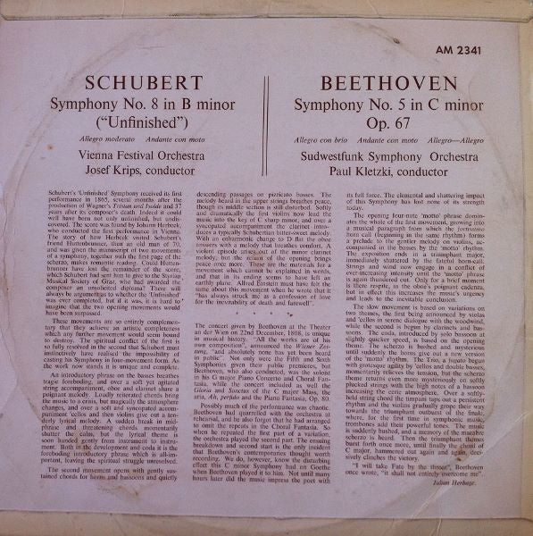 Ludwig van Beethoven / Franz Schubert, Südwestfunkorchester Baden-Baden And The Wiener Festspielorchester , Conductors Paul Kletzki And Josef Krips : Symphony No. 5 In C Minor Op. 67, Symphony No. 8 In B Minor ("Unfinished") (LP, Album)