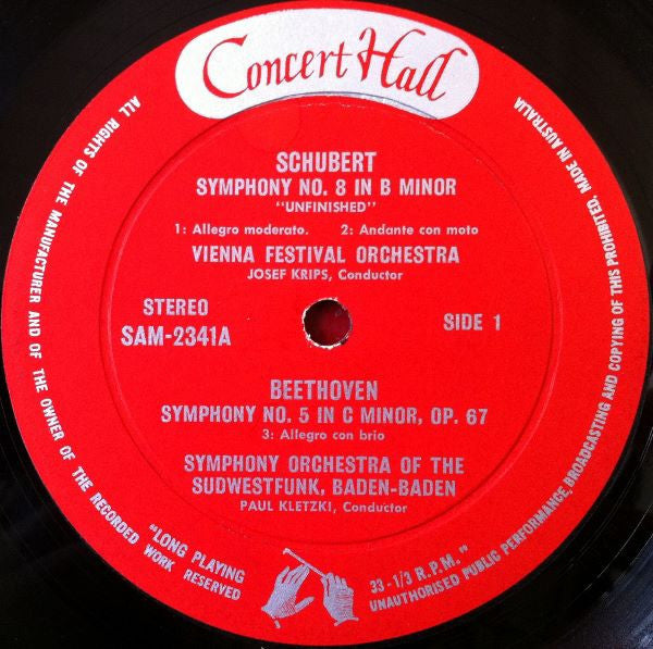 Ludwig van Beethoven / Franz Schubert, Südwestfunkorchester Baden-Baden And The Wiener Festspielorchester , Conductors Paul Kletzki And Josef Krips : Symphony No. 5 In C Minor Op. 67, Symphony No. 8 In B Minor ("Unfinished") (LP, Album)