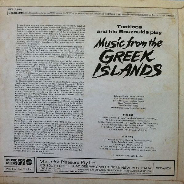 Tacticos And His Bouzoukis : Music From The Greek Islands (LP, Album)