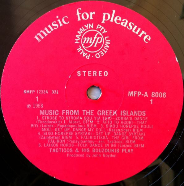 Tacticos And His Bouzoukis : Music From The Greek Islands (LP, Album)