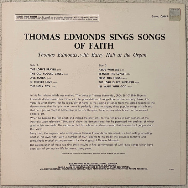 Thomas Edmonds With Barry Hall (3) : Thomas Edmonds Sings Songs Of Faith (LP)