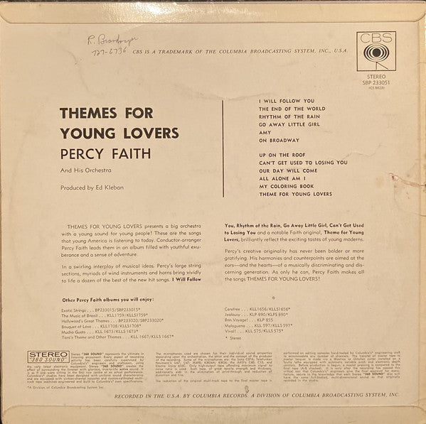 Percy Faith And His Orchestra* : Themes For Young Lovers (LP, Album)