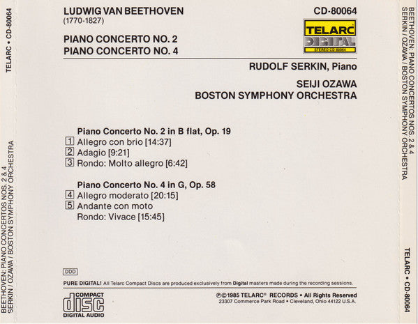 Ludwig van Beethoven, Rudolf Serkin ~ Seiji Ozawa, Boston Symphony Orchestra : Piano Concertos Nos. 2 And 4 (CD, Album, Mat)
