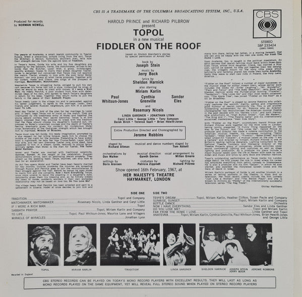 Topol, "Fiddler On The Roof" Original London Cast : Fiddler On The Roof (LP, Album)
