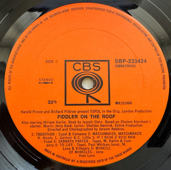 Topol, "Fiddler On The Roof" Original London Cast : Fiddler On The Roof (LP, Album)