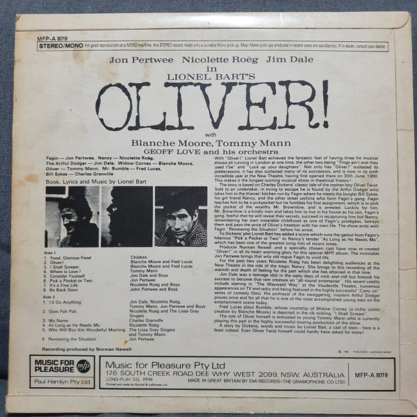 Lionel Bart With Jon Pertwee, Jim Dale, Nicolette Roeg With Geoff Love & His Orchestra : Oliver!: With Cast (LP, Album, RE)