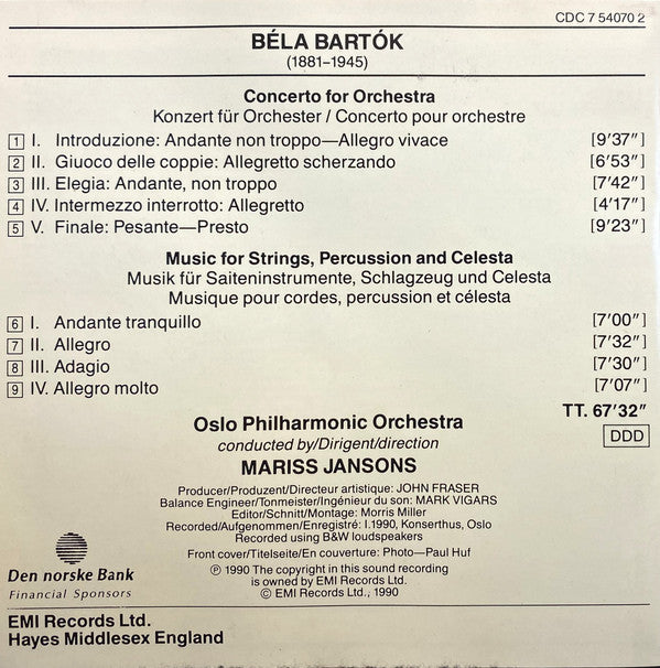 Bartók* - Oslo Philharmonic Orchestra*, Mariss Jansons : Concerto For Orchestra / Music For Strings, Percussion And Celesta (CD, Album)