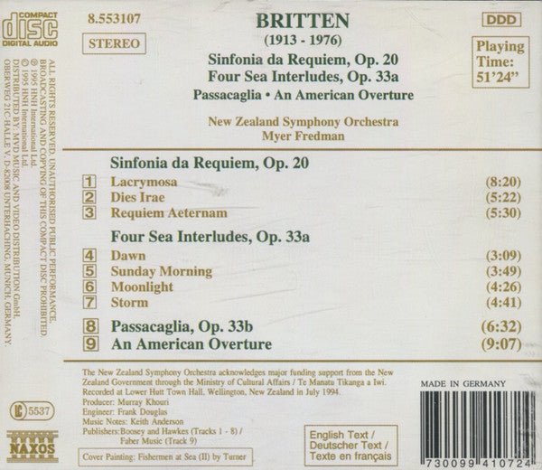 Britten*, New Zealand Symphony Orchestra, Myer Fredman : Sinfonia Da Requiem, Op. 20 • Four Sea Interludes, Op. 33a • Passacaglia • An American Overture (CD, Album)