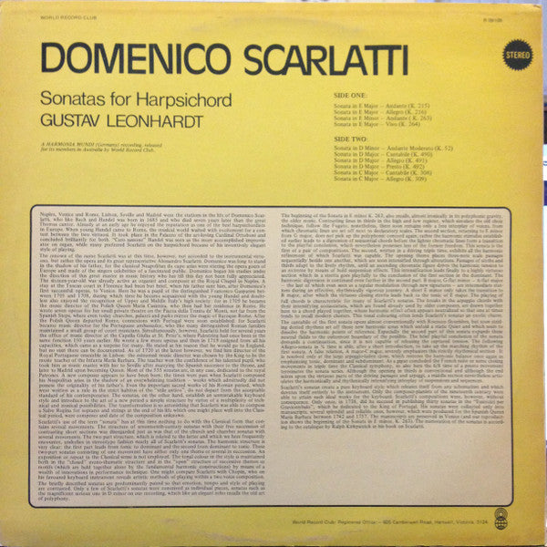 Domenico Scarlatti - Gustav Leonhardt : Sonatas For Harpischord (LP, Album, Club, RE)