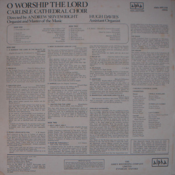 Carlisle Cathedral Choir Directed By Andrew Seivewright / Hugh Davies (6) : O Worship The Lord (LP)