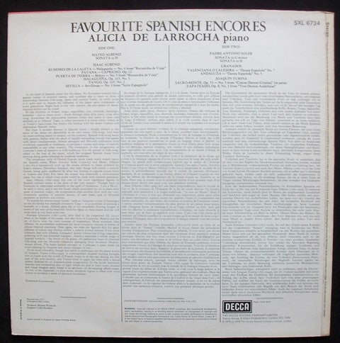 Alicia De Larrocha, Mateo Albéniz, Isaac Albéniz, Padre Antonio Soler, Enrique Granados, Joaquín Turina : Favourite Spanish Encores (LP)