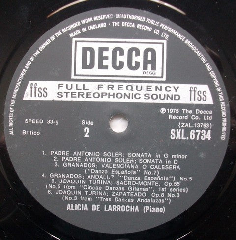 Alicia De Larrocha, Mateo Albéniz, Isaac Albéniz, Padre Antonio Soler, Enrique Granados, Joaquín Turina : Favourite Spanish Encores (LP)