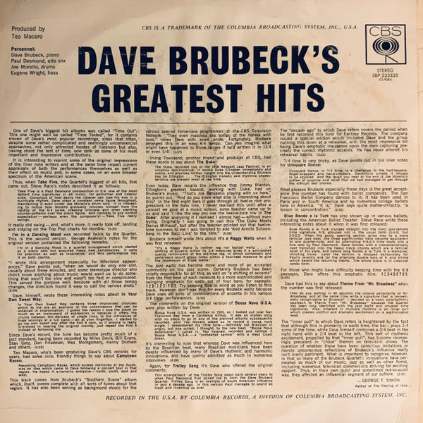 Dave Brubeck : Dave Brubeck's Greatest Hits (LP, Comp, RE)