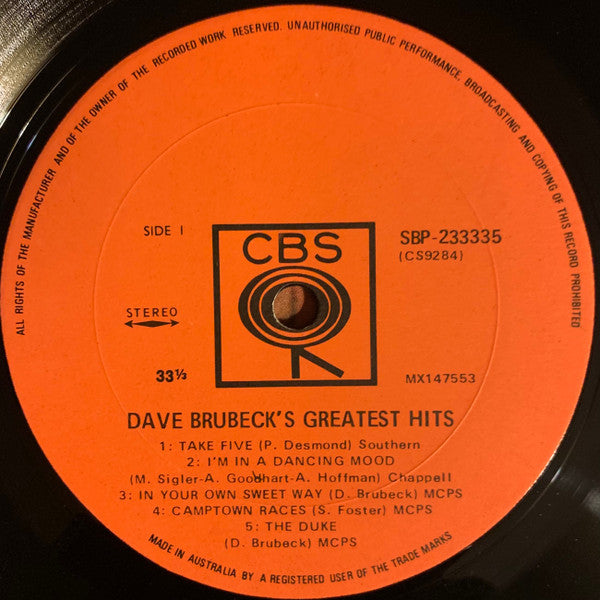 Dave Brubeck : Dave Brubeck's Greatest Hits (LP, Comp, RE)