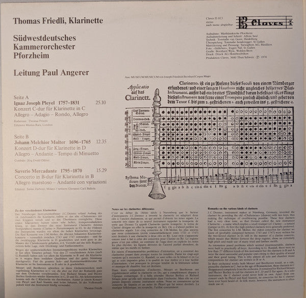 Ignaz Pleyel, Johann Melchior Molter, Giuseppe Saverio Mercadante, Thomas Friedli, Südwestdeutsches Kammerorchester Leitung Paul Angerer : Klarinettenkonzerte (LP, Album)