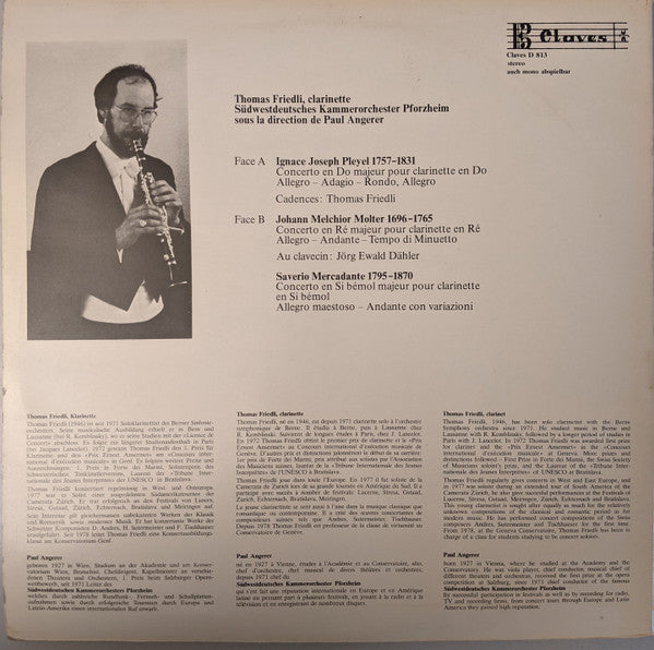 Ignaz Pleyel, Johann Melchior Molter, Giuseppe Saverio Mercadante, Thomas Friedli, Südwestdeutsches Kammerorchester Leitung Paul Angerer : Klarinettenkonzerte (LP, Album)