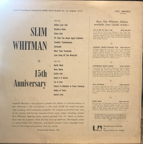 Slim Whitman : 15th Anniversary Album (LP, Album)