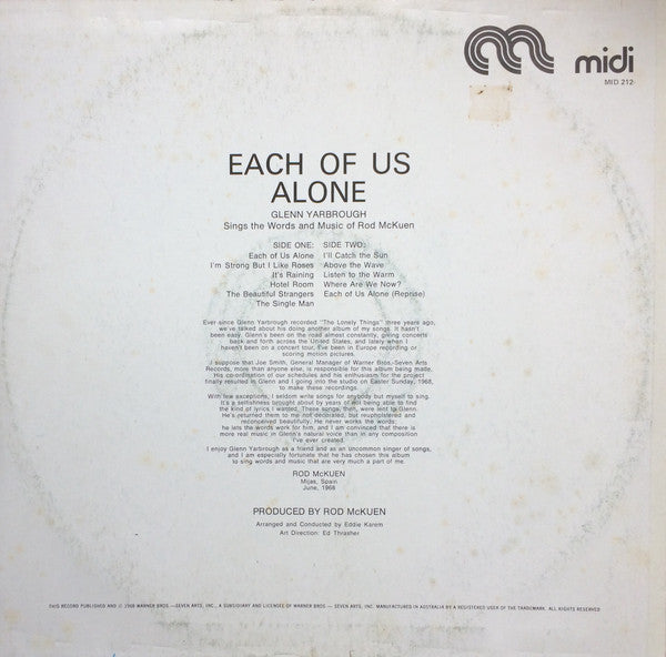Glenn Yarbrough : Each Of Us Alone (LP, Album, RE)