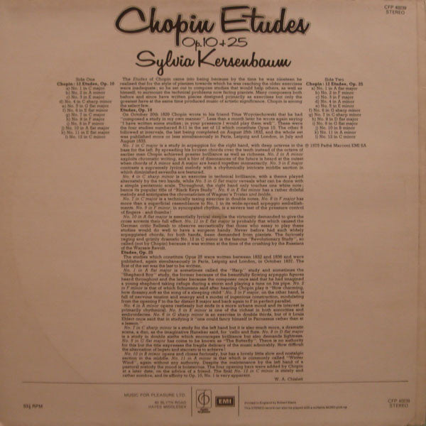 Frédéric Chopin / Sylvia Kersenbaum : Chopin Etudes Op.10 & 25 (LP, RE)