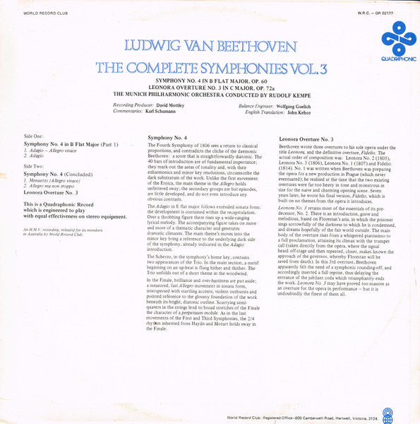 Ludwig van Beethoven : The Complete Symphonies Vol. 3 (LP, Album, Quad, Club)