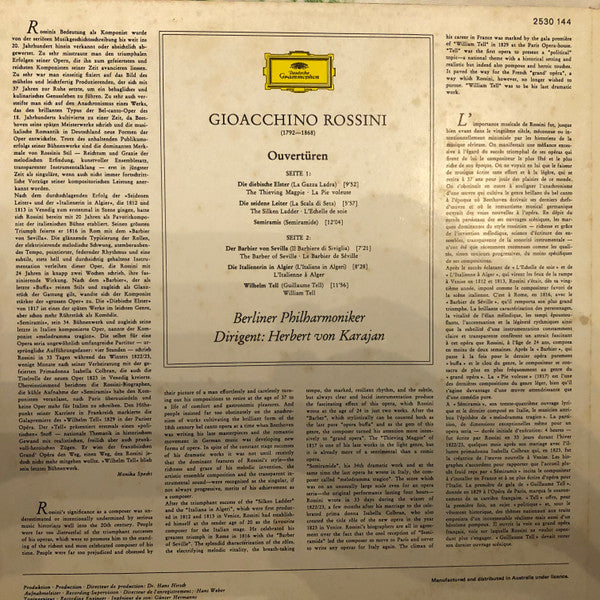 Rossini* : Berliner Philharmoniker - Herbert Von Karajan : Ouvertüren (LP)