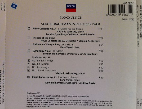 Sergei Vasilyevich Rachmaninoff - Vladimir Ashkenazy, Alicia De Larrocha, Ilana Vered and Sir Adrian Boult : The Best Of Rachmaninov: Piano Concertos Nos. 2 & 3, Symphony No. 2, The Isle Of The Dead, Preludes (CD, Comp)